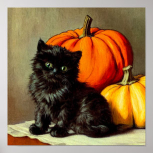 Vintage Halloween Black Cat and Pumpkins Poster