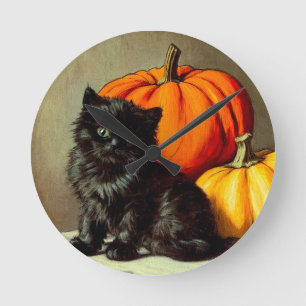 Vintage Halloween Black Cat and Pumpkins Round Clock