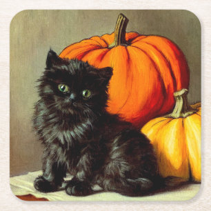 Vintage Halloween Black Cat and Pumpkins Square Paper Coaster