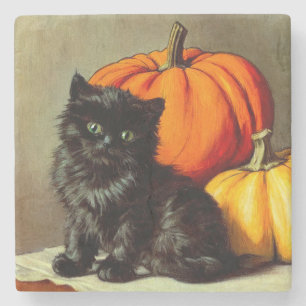 Vintage Halloween Black Cat and Pumpkins Stone Coaster