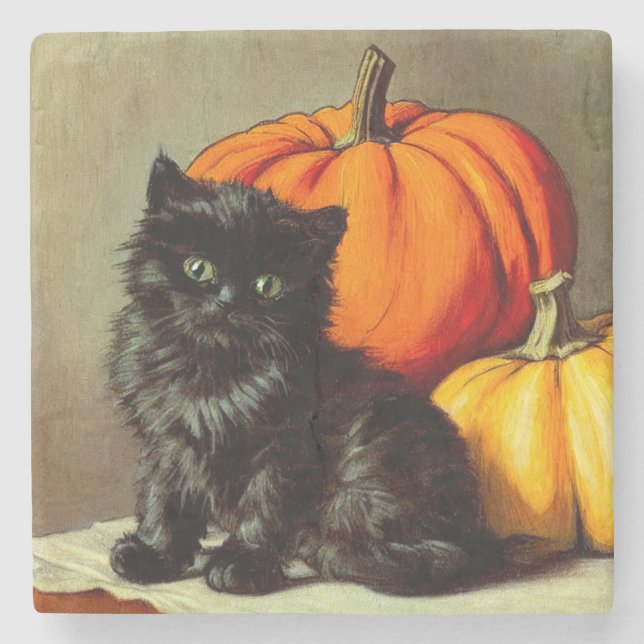 Vintage Halloween Black Cat and Pumpkins Stone Coaster (Front)