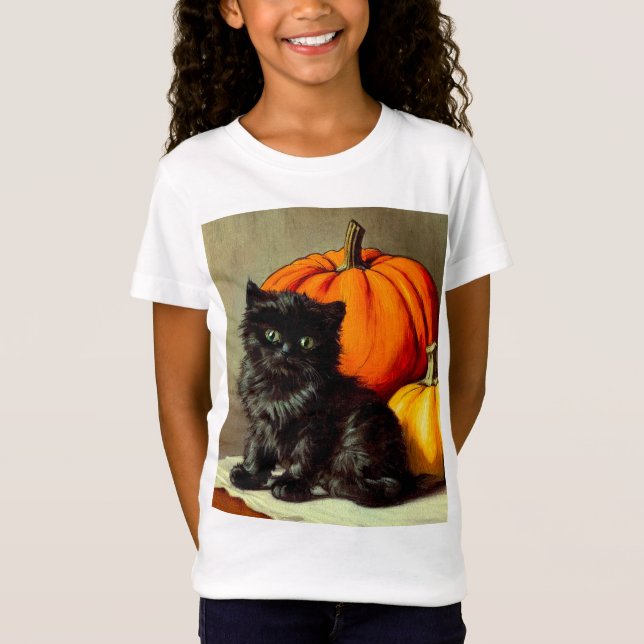 Vintage Halloween Black Cat and Pumpkins T-Shirt (Front)
