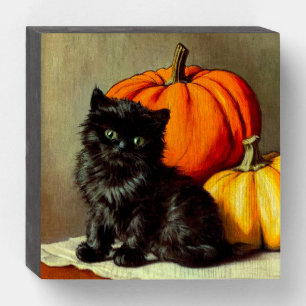 Vintage Halloween Black Cat and Pumpkins Wooden Box Sign
