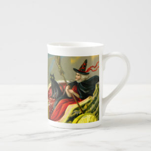 Vintage Halloween Black Cat and Witch Bone China Mug