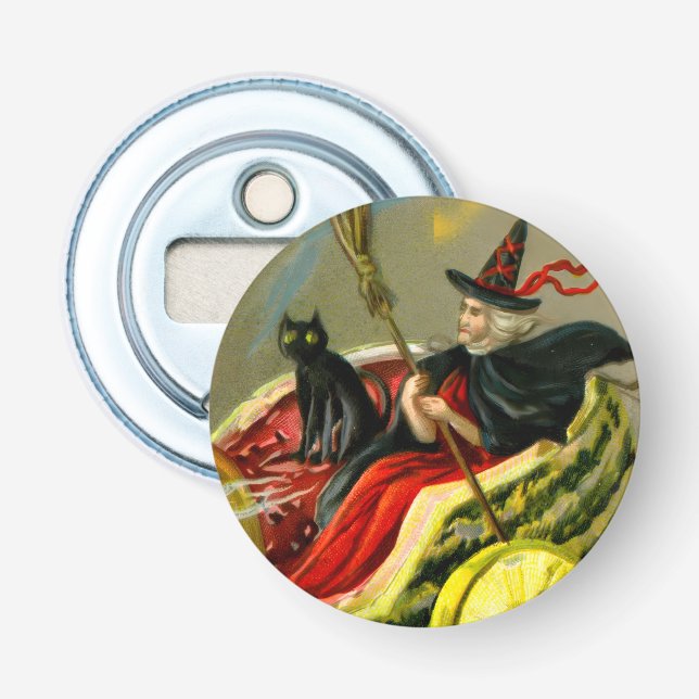 Vintage Halloween Black Cat and Witch Bottle Opener (Front)