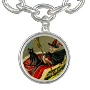 Vintage Halloween Black Cat and Witch Bracelet