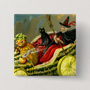 Vintage Halloween Black Cat and Witch Button