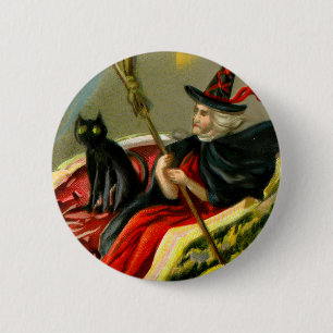 Vintage Halloween Black Cat and Witch Button