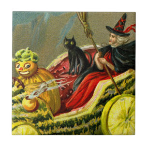 Vintage Halloween Black Cat and Witch Ceramic Tile
