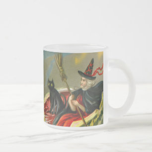 Vintage Halloween Black Cat and Witch Frosted Glass Coffee Mug