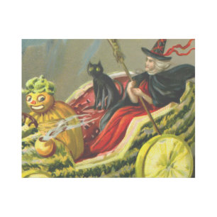 Vintage Halloween Black Cat and Witch Gallery Wrap