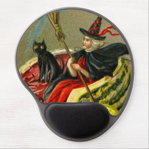 Vintage Halloween Black Cat and Witch Gel Mouse Pad