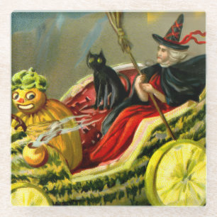 Vintage Halloween Black Cat and Witch Glass Coaster