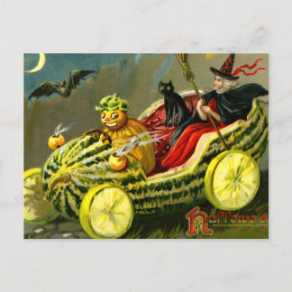 Vintage Halloween Black Cat and Witch Holiday Postcard