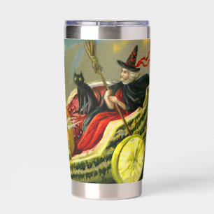 Vintage Halloween Black Cat and Witch Insulated Tumbler