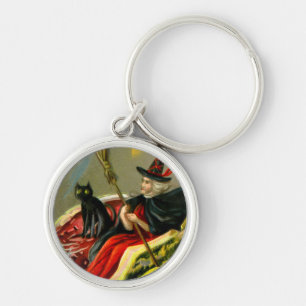Vintage Halloween Black Cat and Witch Keychain