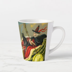 Vintage Halloween Black Cat and Witch Latte Mug