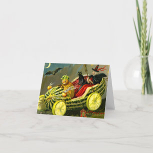 Vintage Halloween Black Cat and Witch Letterpress Thank You Card