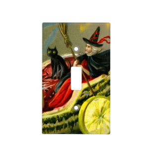 Vintage Halloween Black Cat and Witch Light Switch Cover