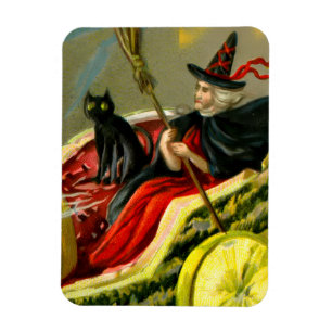 Vintage Halloween Black Cat and Witch Magnet