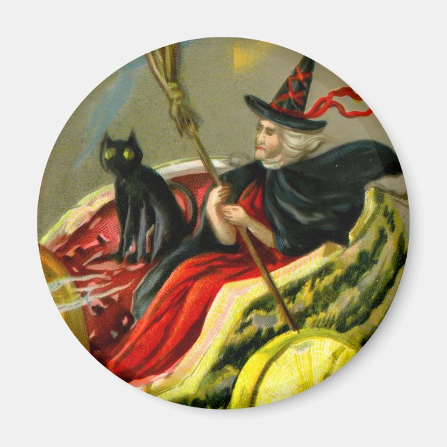 Vintage Halloween Black Cat and Witch Magnet (Front)