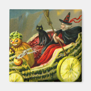 Vintage Halloween Black Cat and Witch Magnet