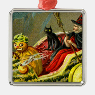 Vintage Halloween Black Cat and Witch Metal Ornament