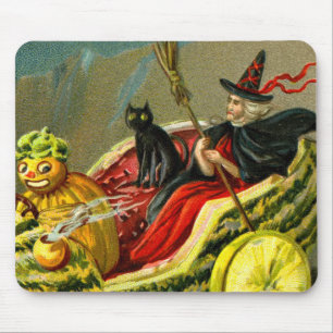 Vintage Halloween Black Cat and Witch Mouse Pad