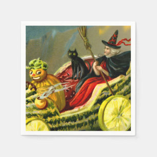 Vintage Halloween Black Cat and Witch Napkins