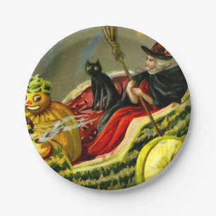 Vintage Halloween Black Cat and Witch Paper Plates