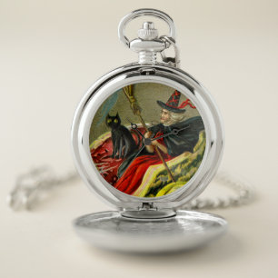 Vintage Halloween Black Cat and Witch Pocket Watch