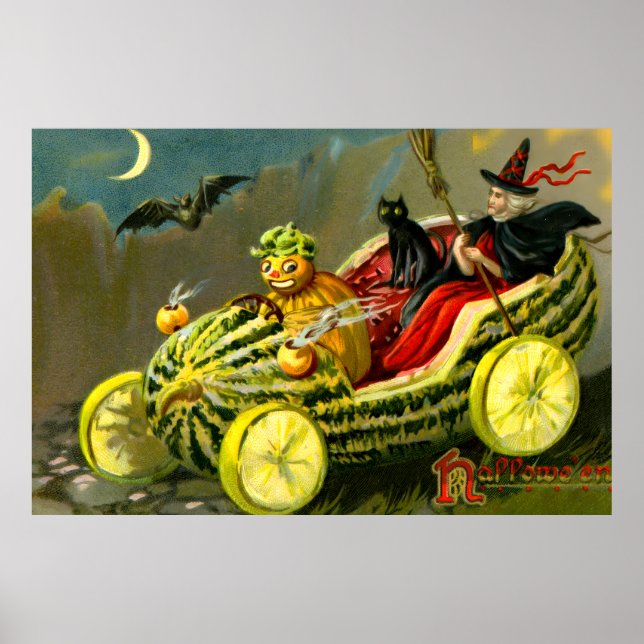 Vintage Halloween Black Cat and Witch Poster (Front)
