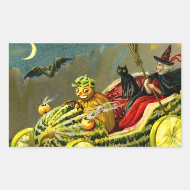 Vintage Halloween Black Cat and Witch Rectangular Sticker (Front)