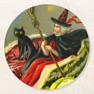 Vintage Halloween Black Cat and Witch Round Paper Coaster