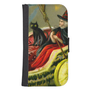 Vintage Halloween Black Cat and Witch Galaxy S4 Wallet Case