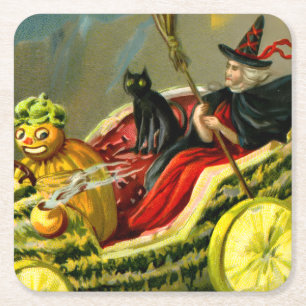 Vintage Halloween Black Cat and Witch Square Paper Coaster