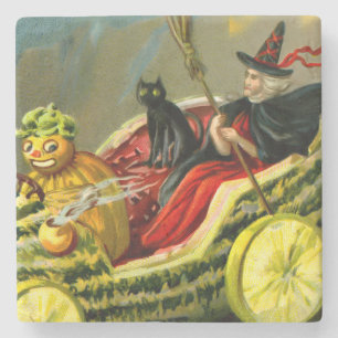 Vintage Halloween Black Cat and Witch Stone Coaster