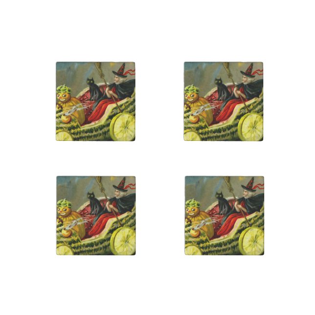 Vintage Halloween Black Cat and Witch Stone Magnet (Front)