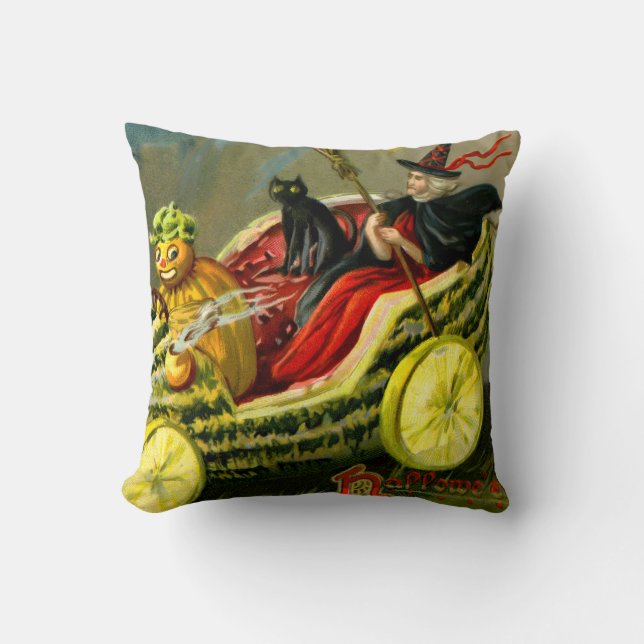 Vintage Halloween Black Cat and Witch Throw Pillow (Front)