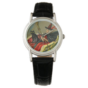 Vintage Halloween Black Cat and Witch Watch