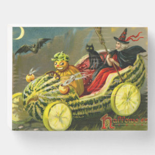Vintage Halloween Black Cat and Witch Wooden Box Sign