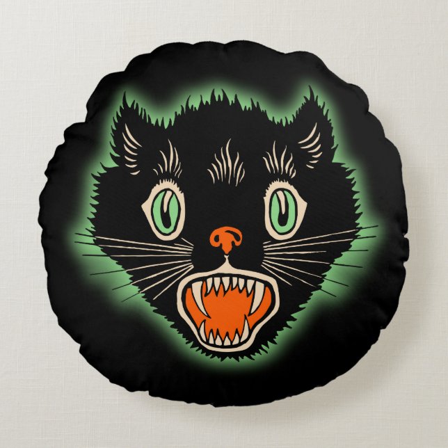 Vintage Halloween Black Cat Design Pillow (Front)