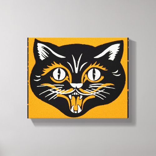 Vintage Halloween Black Cat Face Folk Art Canvas Print