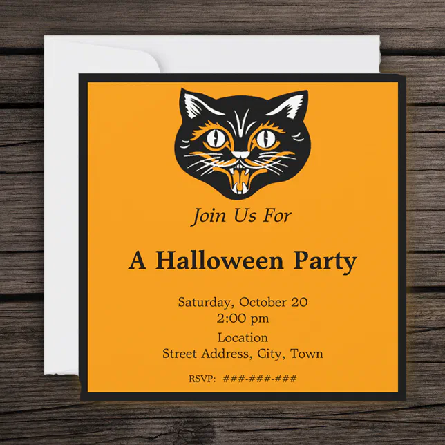 Vintage Halloween Black Cat Face Party Invitation | Zazzle