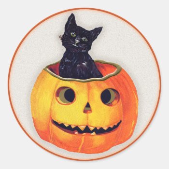 Vintage Halloween - Black Cat In A Jack O'lantern Classic Round Sticker by Vintage_Halloween at Zazzle