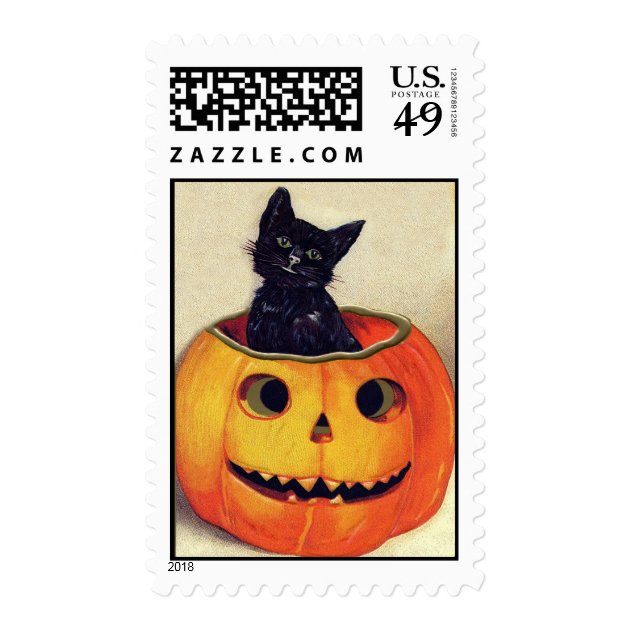 Vintage Halloween Black Cat In A Jack O'Lantern Postage