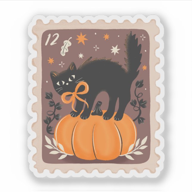 Vintage Halloween Black Cat on Pumpkin Stamp Sticker (Front)