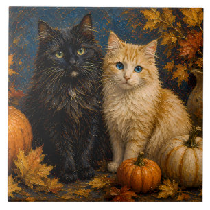 Vintage Halloween Black Cat & Orange Cat Ceramic Tile