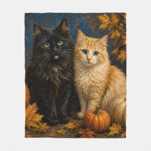 Vintage Halloween Black Cat & Orange Cat Fleece Blanket