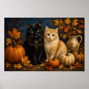 Vintage Halloween Black Cat & Orange Cat Poster